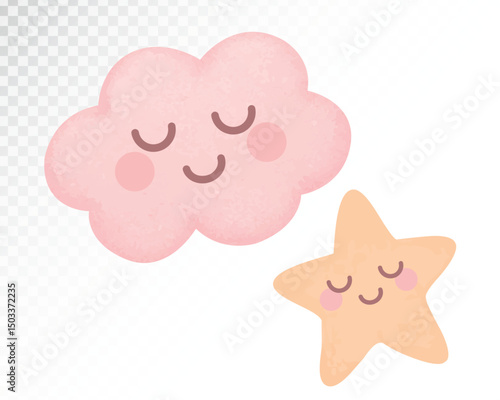 Adorable watercolor illustration of a pink cloud with sleepy face. Soft pastel colors, perfect for nursery decor and bedtime-themed projects.