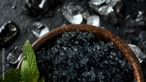 Close up of black caviar in a wooden bowl, garnished with fresh mint leaves, on a dark stone surface with ice fragments.