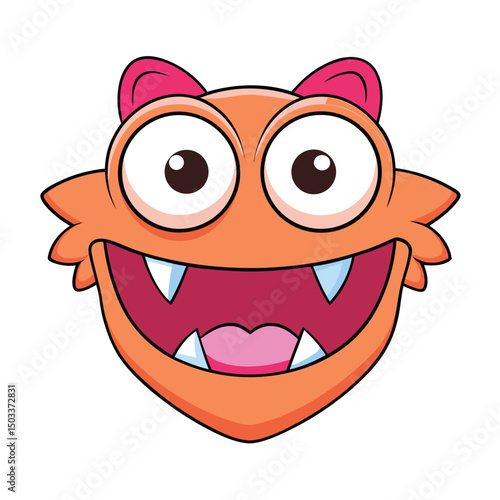 Orange cartoon monster head is happily smiling with two small pink ears