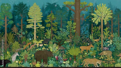 Lush illustrated jungle scene with animals.