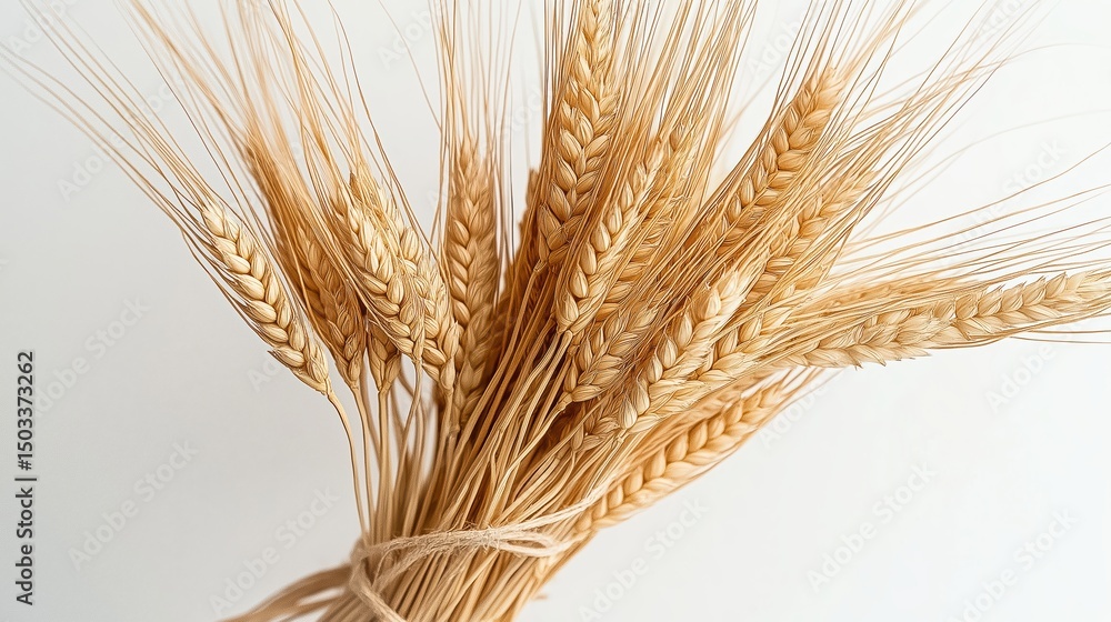 Fototapeta premium A realistic bundle of golden wheat tied with twine, set against a clean white background, ideal for agricultural, harvest, or natural food themes...