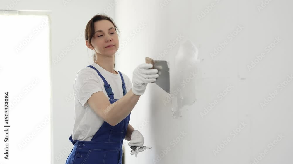 Construction worker woman spreading finishing putty on white wall, wearing protective gloves while smoothing surface with putty knife for precise home repair Construction worker woman spreading finishing putty on white wall, wearing protective gloves while smoothing surface with putty knife for precise home repair