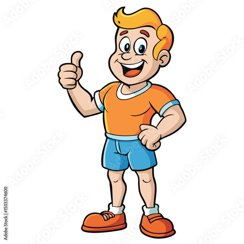 Smiling cartoon boy with orange shirt and blue shorts gives a thumbs up happily