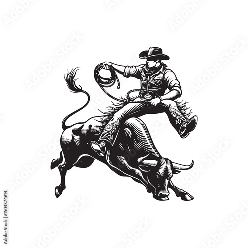 Bull Rodeo Showdown – Cowboy Riding a Bucking Bull in Action