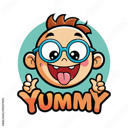 Smiling boy with glasses and tongue out indicates something is yummy