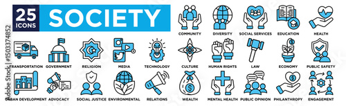  Society icon collection set. Containing design Community, Diversity, Social Services, Education, Health,