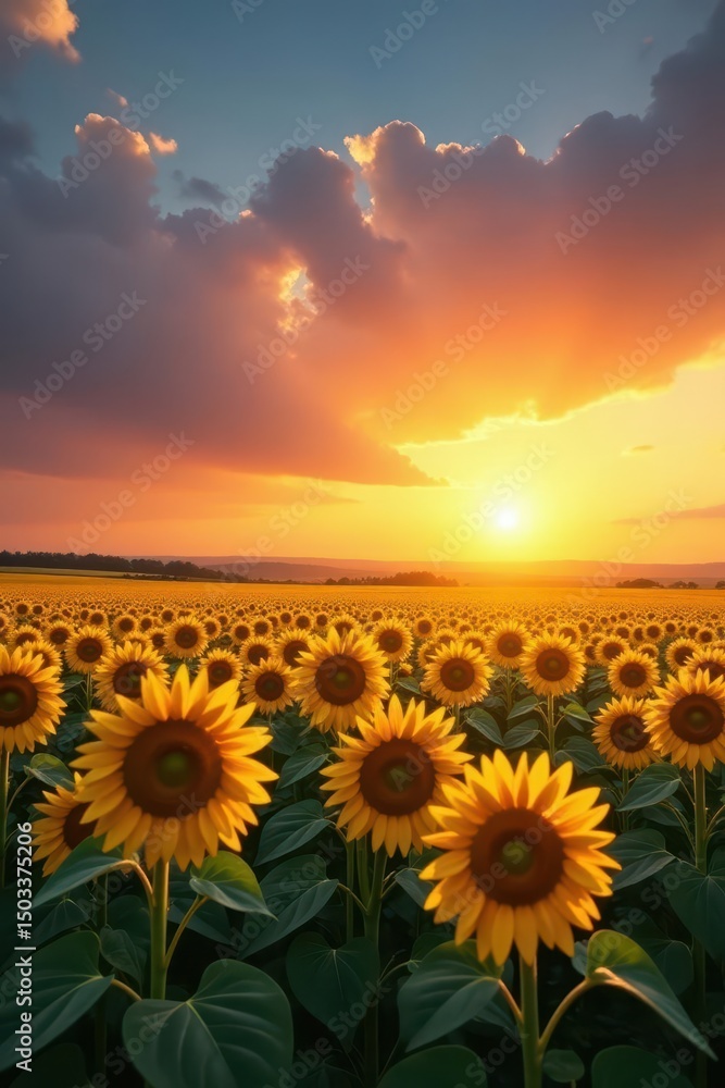 Obraz premium Golden hour illuminates a vast field of sunflowers and corn, sunset backdrop , scenery, plants, photo