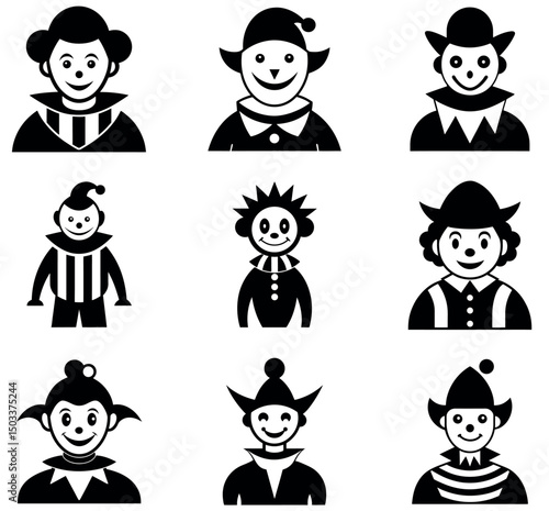 Black and White Jester and Clown Icon Set - Vector Silhouettes