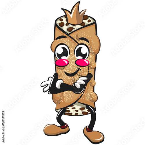 cute cannoli vektor illustration mascot character crowned like a king while folding his arms calmly, work of hand drawn
