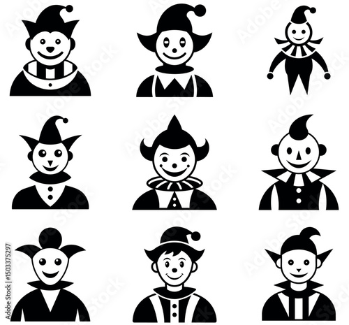 Black and White Jester and Clown Icon Set - Vector Silhouettes
