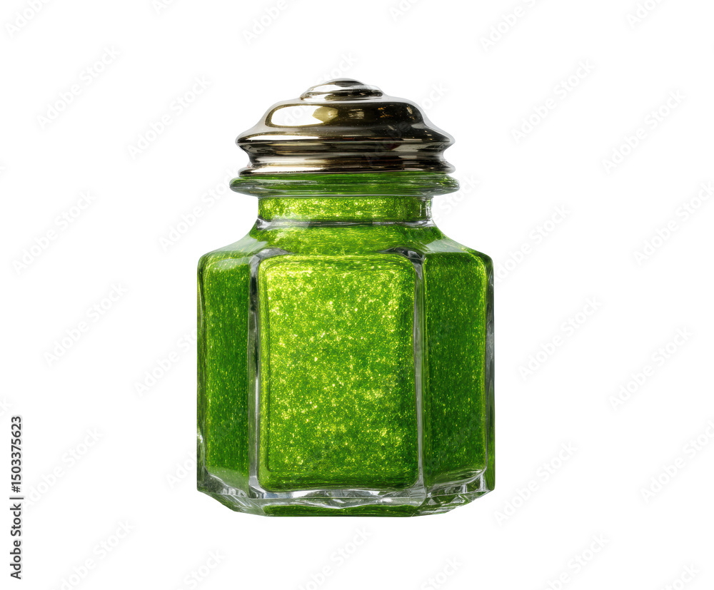 Bright green glitter in a glass jar for crafting and decoration on a transparent background, cut out Bright green glitter in a glass jar for crafting and decoration on a transparent background, cut out