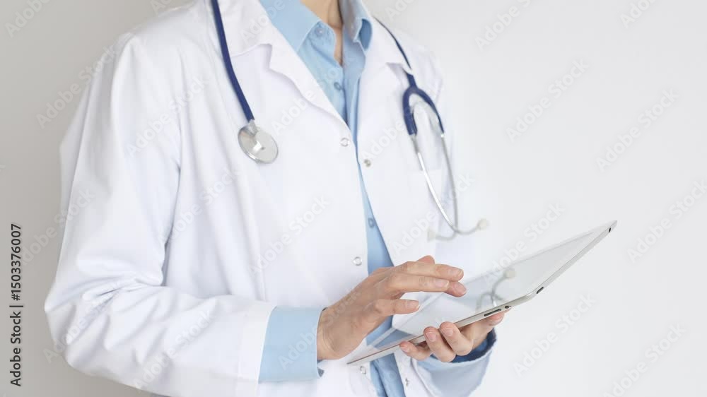 Unknown female doctor, wearing white coat over a blue blouse and a stethoscope, is using a digital tablet, suggesting innovative healthcare practices in medicine. Health care and medicine concept Unknown female doctor, wearing white coat over a blue blouse and a stethoscope, is using a digital tablet, suggesting innovative healthcare practices in medicine. Health care and medicine concept