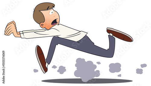 Frightened man running away looking back.
