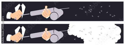 Man poisons insects. Vector. Stock illustration. Funny people.
