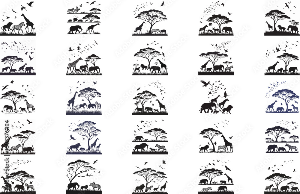 Naklejka premium Silhouette of animals and birds in the savannah on white background