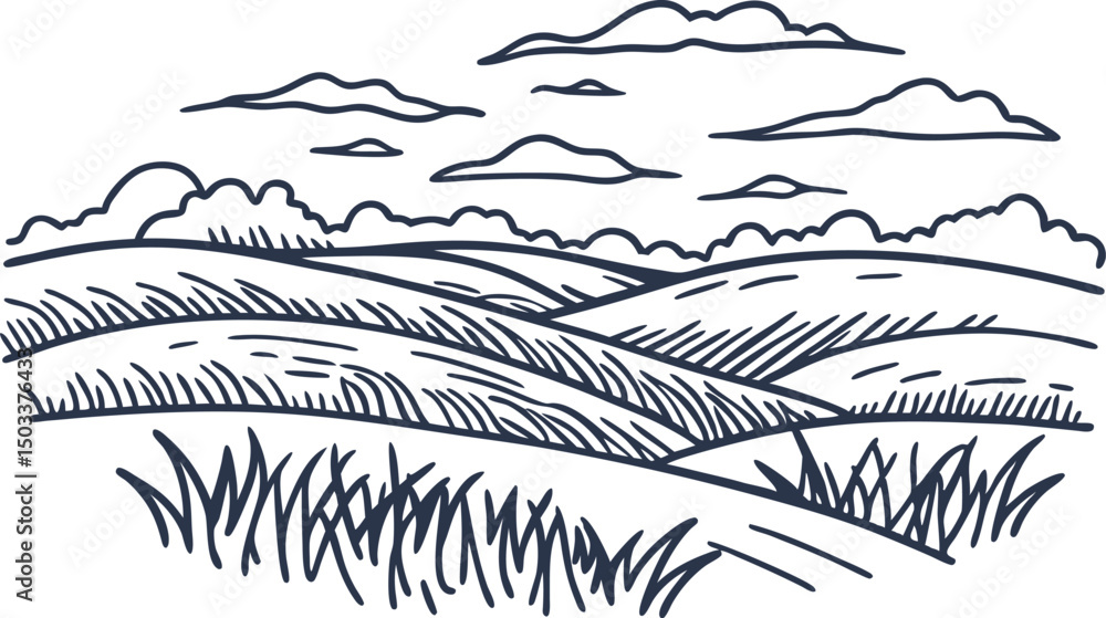 Fototapeta premium Hand drawn rolling hills and clouds in a simple, elegant landscape illustration
