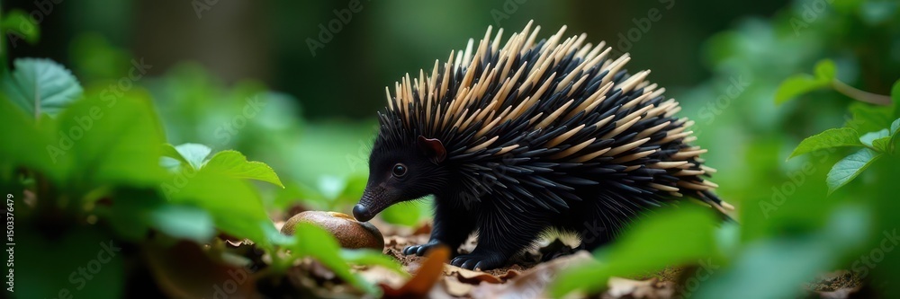 Obraz premium Nocturnal echidna foraging amongst Tasmanian rainforest ferns , rainforest, mammal, Tasmania