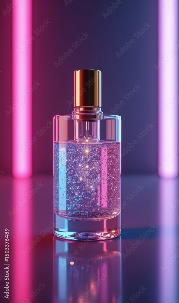 A stylish perfume bottle featuring shimmering glitter, illuminated by vibrant neon lights, perfect for beauty, cosmetics, and luxury branding. A stylish perfume bottle featuring shimmering glitter, illuminated by vibrant neon lights, perfect for beauty, cosmetics, and luxury branding.