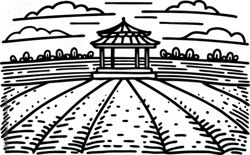 black and white illustration of a gazebo in a field with clouds and pathways