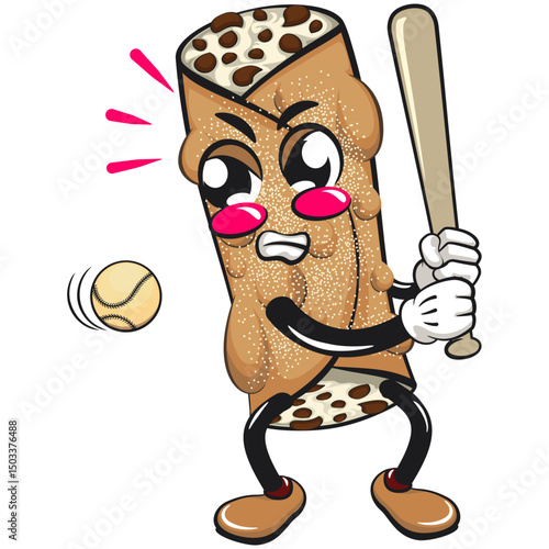 cute cannoli vektor illustration mascot character playing baseball ready to hit the ball with the bat, work of hand drawn