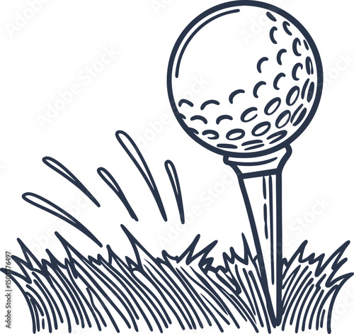 Golf ball on tee with grass in minimalist sketch illustration