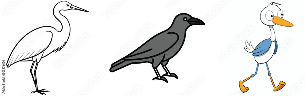 Fototapeta premium Cartoon bird collection includes a heron crow and comical stork on white background