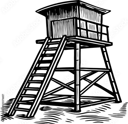 Wooden lifeguard tower illustration coastal safety, seaside watchtower, ocean beach, rescue lookout