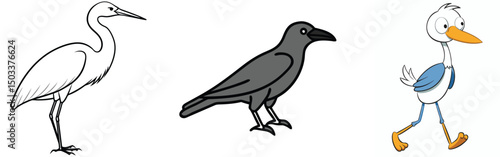 Cartoon bird collection includes a heron crow and comical stork on white background