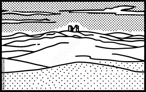 pop art landscape with distant ruins, dotted sky monochrome hills, graphic horizon in lichtenstein