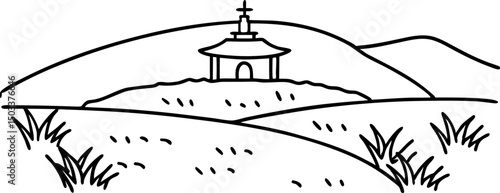 Simple countryside landscape with a chapel on a hill, peaceful rural scene