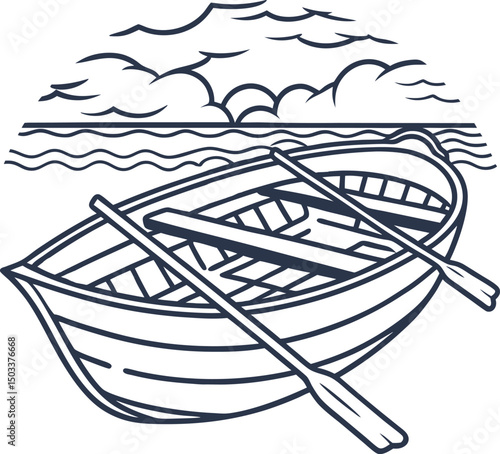 Wooden rowboat on tranquil ocean, hand drawn illustration with waves and clouds