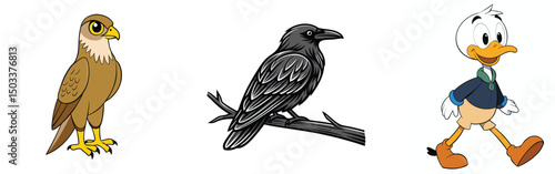Cartoon birds illustration featuring a falcon,a raven perched on a branch,and a walking duck