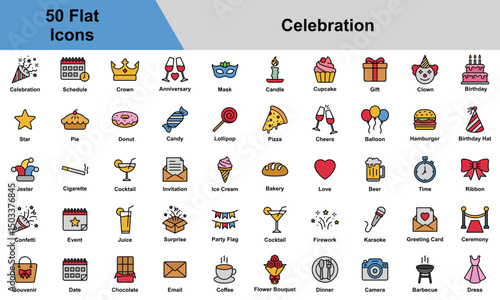 Celebration Icon Set Collection. Containing Balloon, Pie, Donut, Lollipop, Pizza, Hamburger, Ribbon, Jester, Invitation. Simple Flat Vector Illustration.