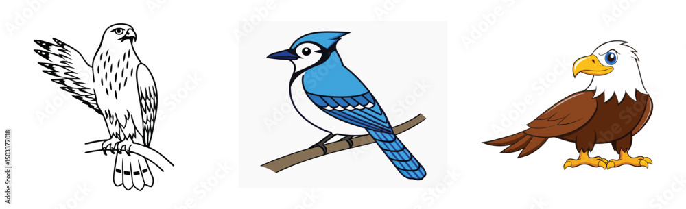 Obraz premium Cartoon illustration of hawk blue jay and bald eagle in vector format wildlife