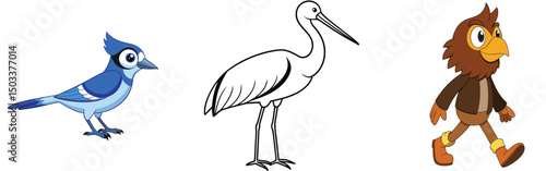 Cartoon illustration of blue jay stork outline and eagle walking on isolated white background