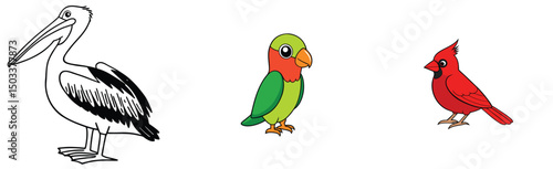Vector illustration featuring a pelican,lovebird,and cardinal bird on a clean white background