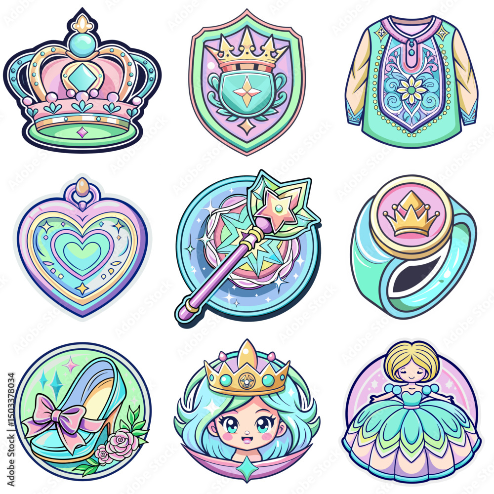 Fototapeta premium Collection of fantasy-themed stickers featuring crowns, shields, and princess elements