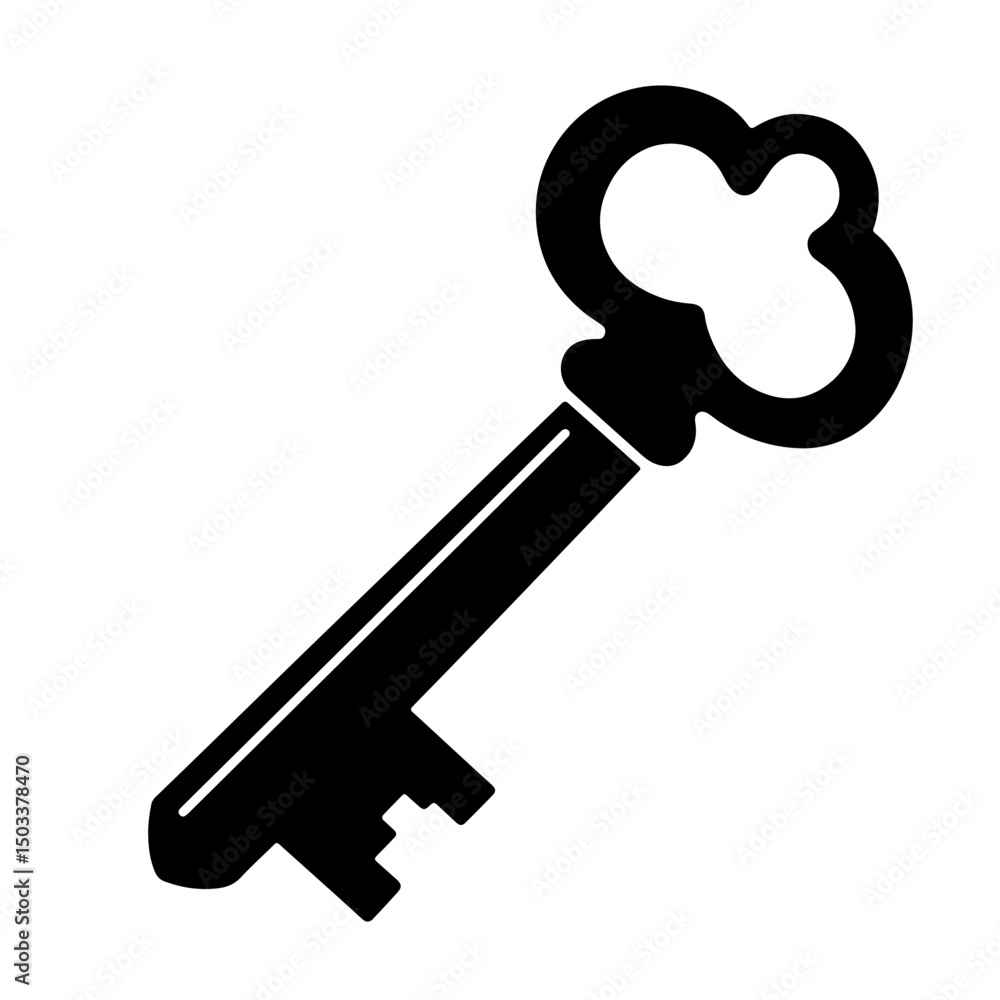 A black silhouette illustration of an antique key. A black silhouette illustration of an antique key.