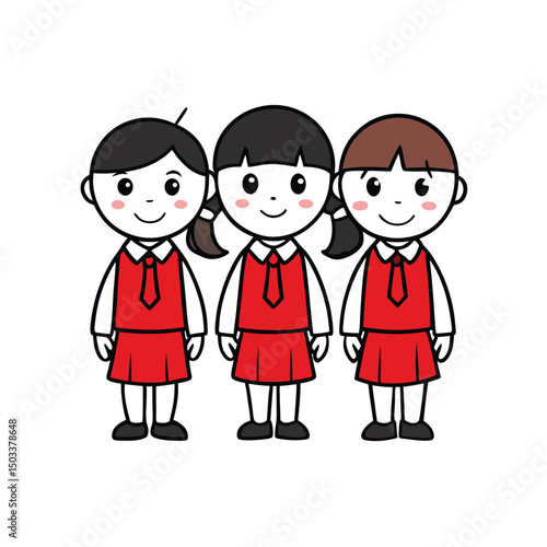 Three cheerful cartoon schoolgirls with different hair colors stand side by side smiling