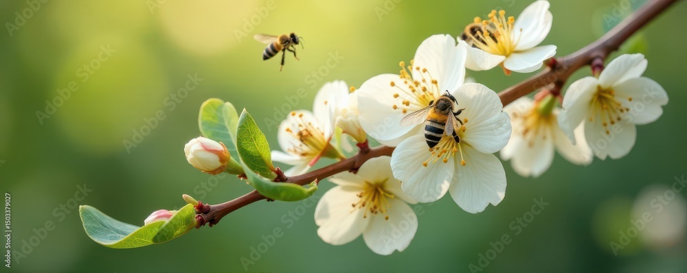 Obraz premium Delicate eucalyptus branch, creamy blooms, busy bees , texture, natural, bloom