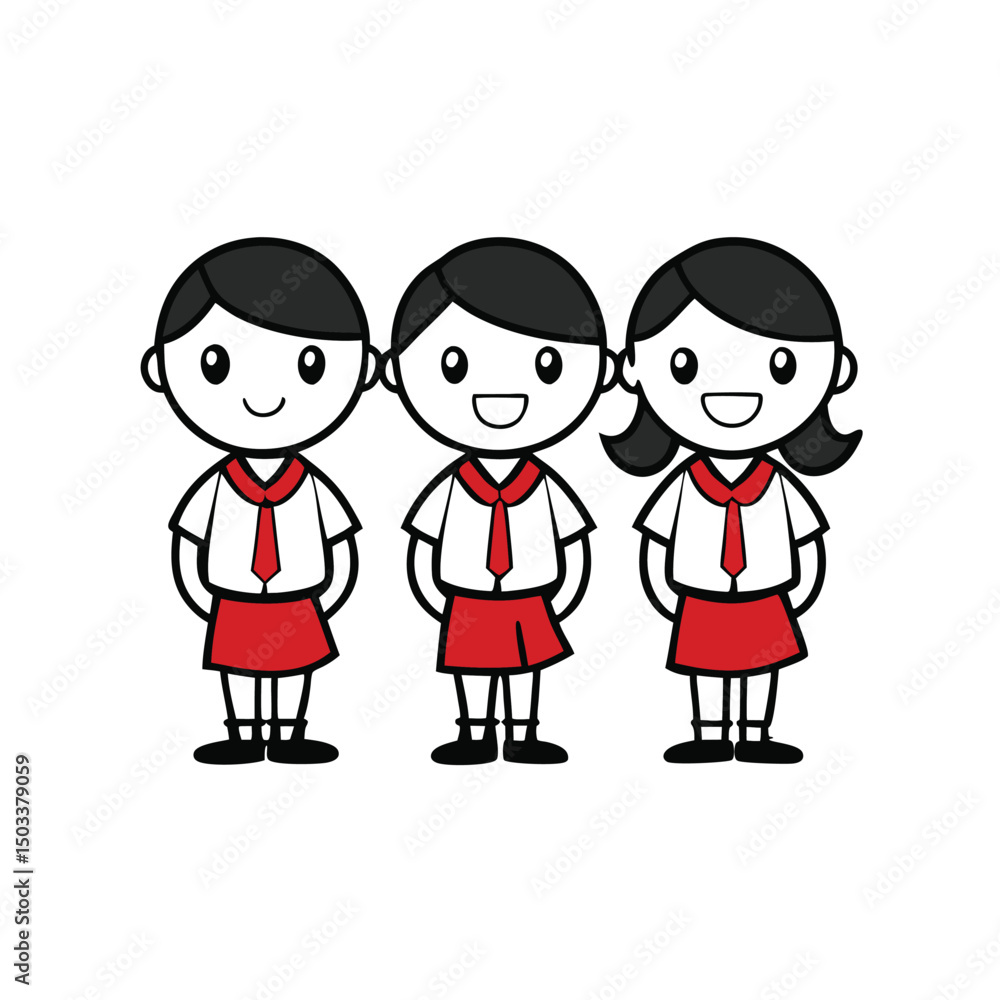 Three happy children in school uniforms with red ties and skirts are smiling Three happy children in school uniforms with red ties and skirts are smiling