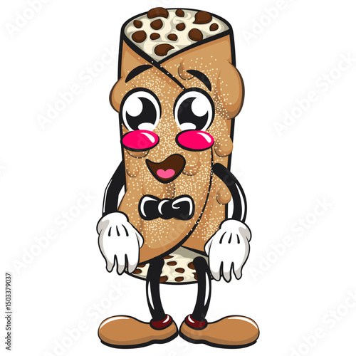cute cannoli vektor illustration mascot character wearing a bow tie and feeling coo, work of hand drawn
