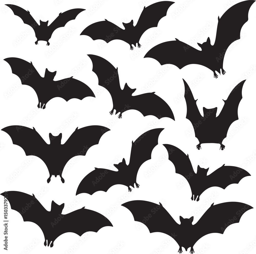 Fototapeta premium Bat Silhouettes in Various Flight Poses Isolated Vector Set