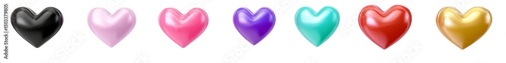Fototapeta premium Colorful Glossy Hearts Isolated on White Background, heart shapes, 3d rendering