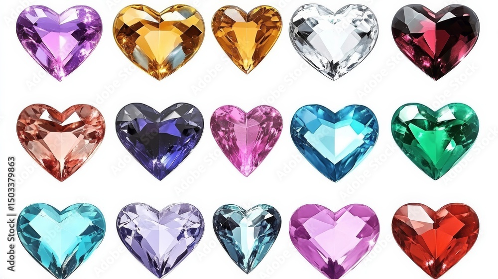 Fototapeta premium Colorful Heart-Shaped Gems Isolated on White Background, gemstone, jewelry
