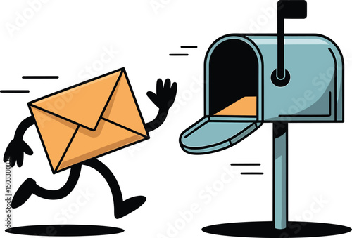 An animated envelope character delivering mail to a blue mailbox on white background