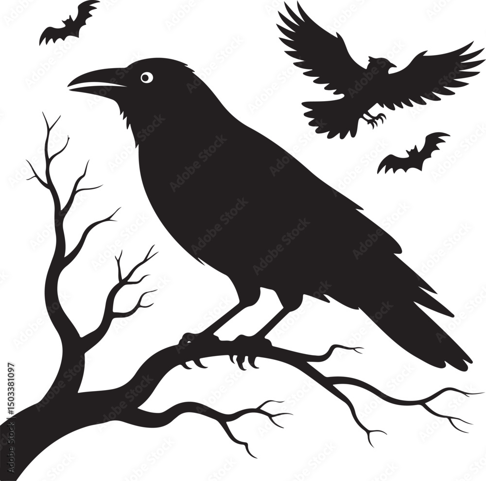 Obraz premium Crow or Raven Perched on Branch Halloween Bird Silhouette