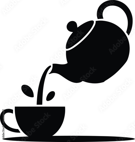 Black and white vector illustration of teapot pouring tea into a teacup
