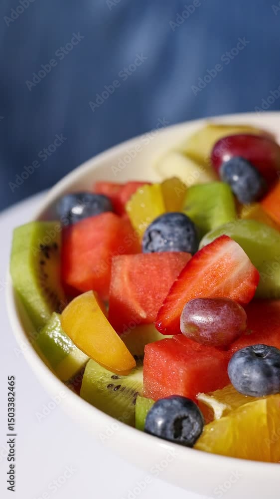 bowl of fresh fruit salad rotating on blue background, food closeup, healthy eating bowl of fresh fruit salad rotating on blue background, food closeup, healthy eating