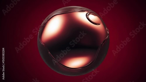 Glossy metallic sphere rotating smoothly on dark burgundy background creating dynamic reflections. The polished surface generates changing light patterns throughout rotation